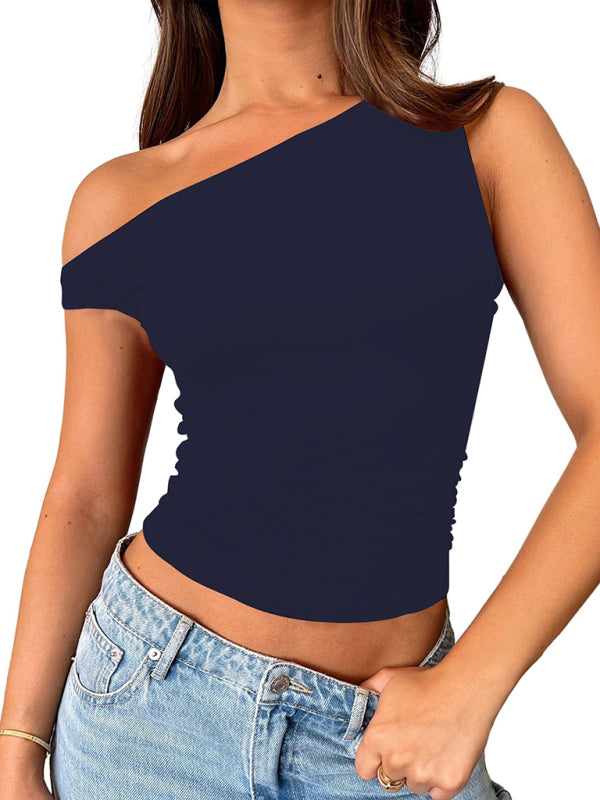 New style all-match solid color off-shoulder vest-[Adult]-[Female]-Purplish blue navy-S-2022 Online Blue Zone Planet