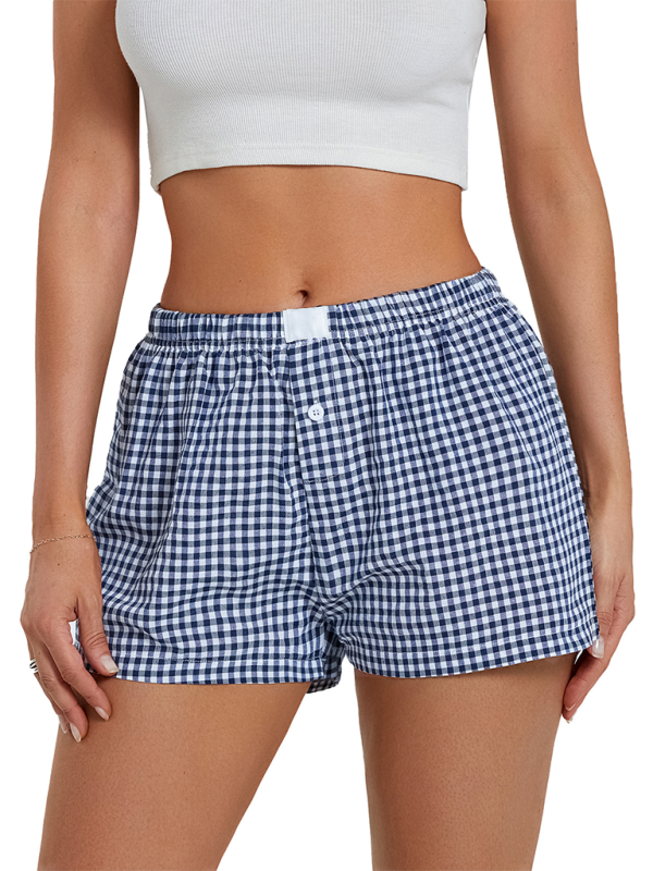 Women's Casual Comfort High Waist Loose Wide Leg Vintage Plaid Shorts-[Adult]-[Female]-Blue-S-2022 Online Blue Zone Planet