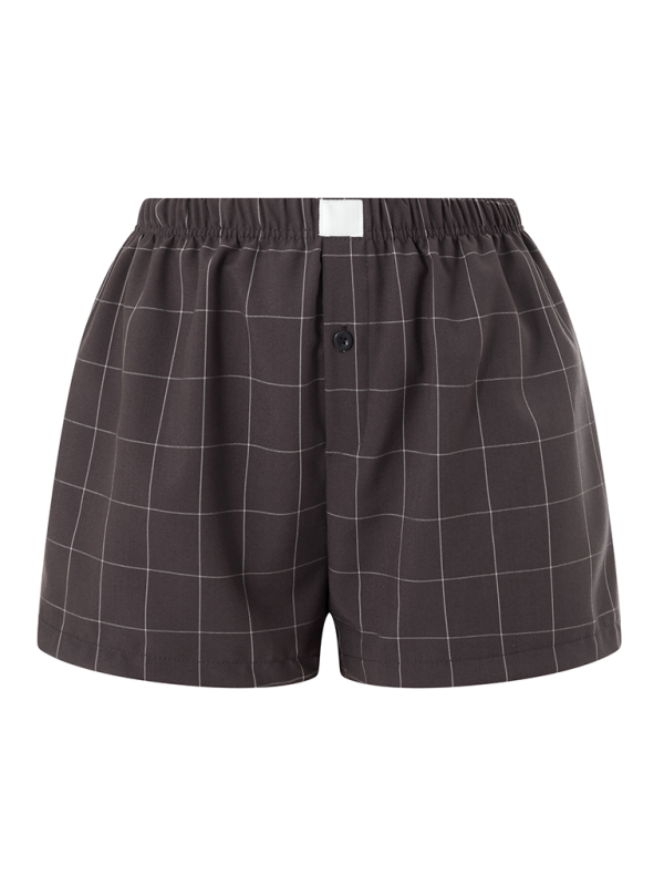 Women's Casual Comfort High Waist Loose Wide Leg Vintage Plaid Shorts-[Adult]-[Female]-Dark Brown-S-2022 Online Blue Zone Planet