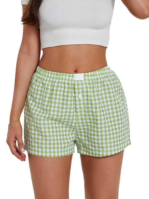 Women's Casual Comfort High Waist Loose Wide Leg Vintage Plaid Shorts-[Adult]-[Female]-Pale green-S-2022 Online Blue Zone Planet