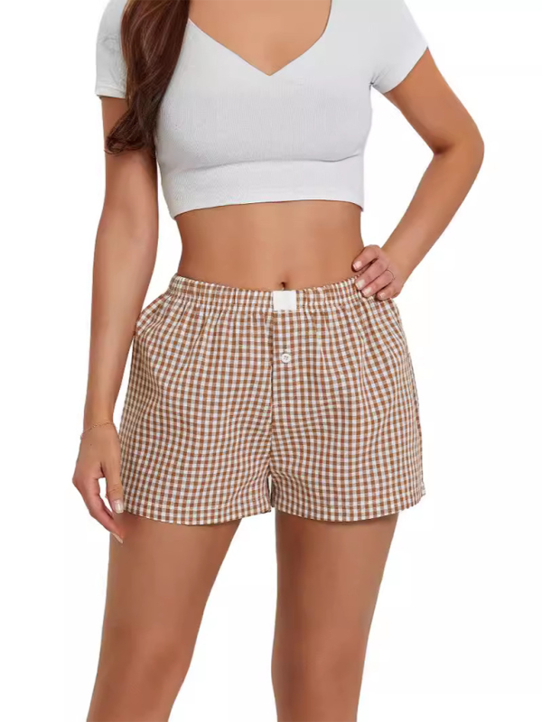 Women's Casual Comfort High Waist Loose Wide Leg Vintage Plaid Shorts-[Adult]-[Female]-2022 Online Blue Zone Planet