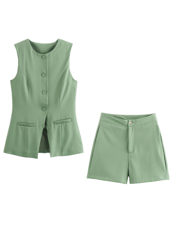 Ladies casual new V-neck single-breasted slim vest + shorts fashion suit-TOPS / DRESSES-[Adult]-[Female]-Green-S-2022 Online Blue Zone Planet