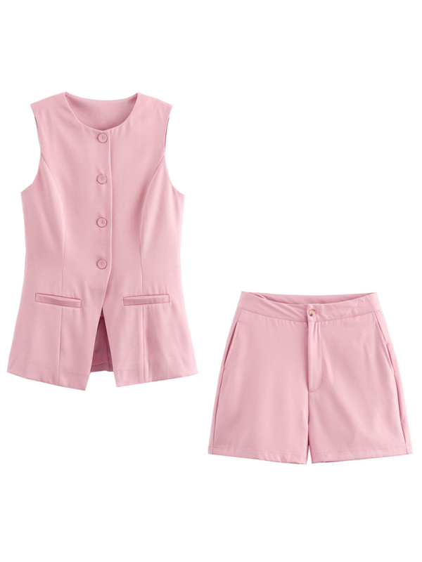 Ladies casual new V-neck single-breasted slim vest + shorts fashion suit-TOPS / DRESSES-[Adult]-[Female]-Pink-S-2022 Online Blue Zone Planet