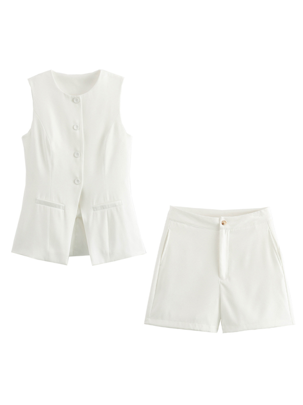 Ladies casual new V-neck single-breasted slim vest + shorts fashion suit-TOPS / DRESSES-[Adult]-[Female]-White-S-2022 Online Blue Zone Planet