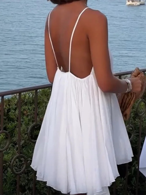 Blue Zone Planet | Cara's Fluffy Pleated Hem Backless V-Neck Strappy Blue Zone Planet | Cara's Fluffy Pleated Hem Backless V-Neck Strappy