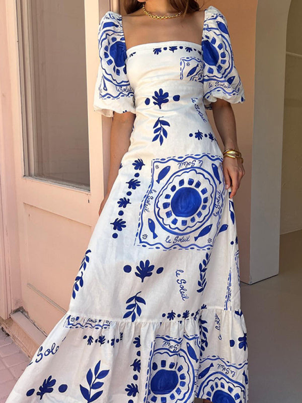 Casual one-shoulder neck printed lantern sleeve slim-fit swing dress-[Adult]-[Female]-2022 Online Blue Zone Planet