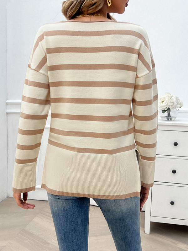 Autumn and winter women's loose contrast color v-neck long-sleeved sweater-[Adult]-[Female]-2022 Online Blue Zone Planet