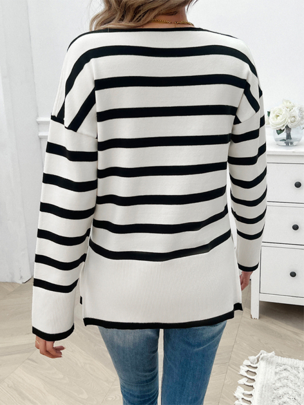 Autumn and winter women's loose contrast color v-neck long-sleeved sweater-[Adult]-[Female]-2022 Online Blue Zone Planet