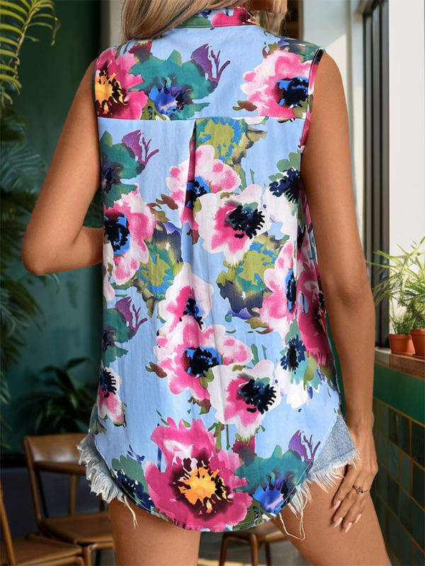 Women's Stand Collar Printed Sleeveless Shirt-[Adult]-[Female]-2022 Online Blue Zone Planet