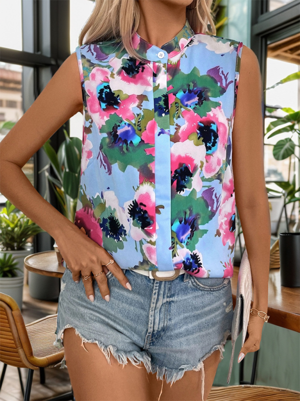 Women's Stand Collar Printed Sleeveless Shirt-[Adult]-[Female]-2022 Online Blue Zone Planet