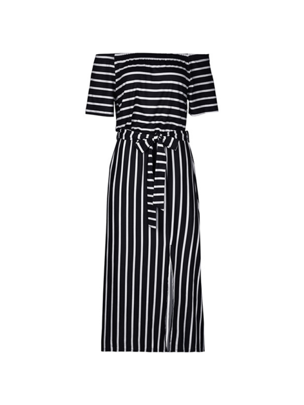 New one-shoulder striped short-sleeved dress-[Adult]-[Female]-2022 Online Blue Zone Planet