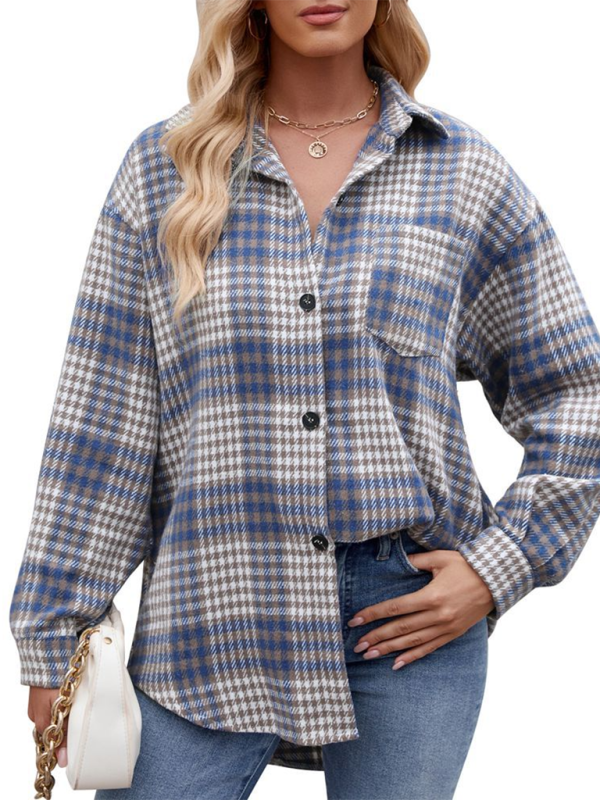 Fashion Houndstooth Button Flannel Tweed Shirt-[Adult]-[Female]-2022 Online Blue Zone Planet