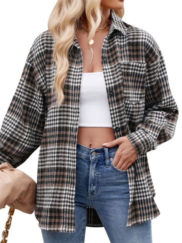 Fashion Houndstooth Button Flannel Tweed Shirt-[Adult]-[Female]-2022 Online Blue Zone Planet