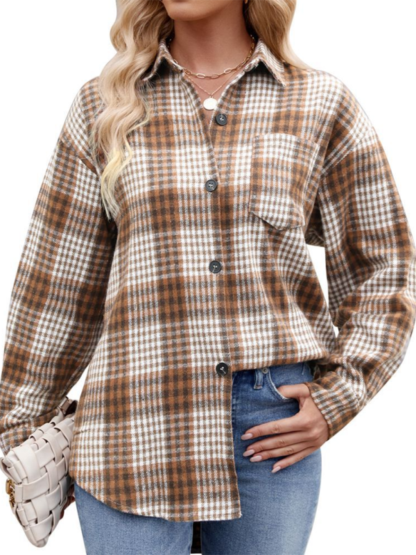 Fashion Houndstooth Button Flannel Tweed Shirt-[Adult]-[Female]-2022 Online Blue Zone Planet