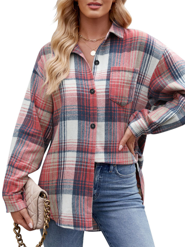 Fashion Houndstooth Button Flannel Tweed Shirt-[Adult]-[Female]-2022 Online Blue Zone Planet