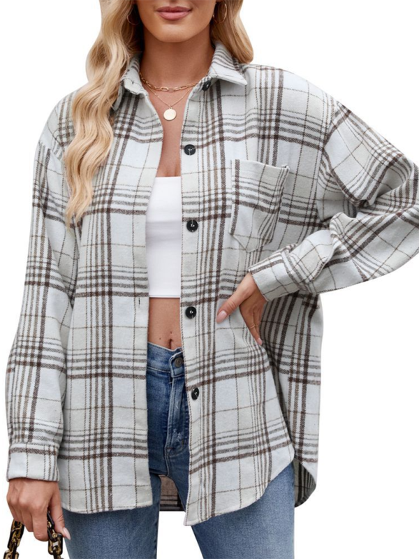 Fashion Houndstooth Button Flannel Tweed Shirt-[Adult]-[Female]-2022 Online Blue Zone Planet