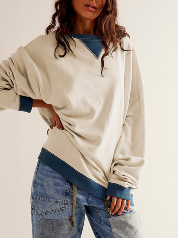 Blue Zone Planet | autumn and winter solid color round neck fork loose sweatshirt sweatshirt-TOPS / DRESSES-[Adult]-[Female]-Cream-S-2022 Online Blue Zone Planet