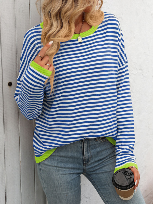 Blue Zone Planet | round neck striped contrast color long sleeve sweater-TOPS / DRESSES-[Adult]-[Female]-2022 Online Blue Zone Planet