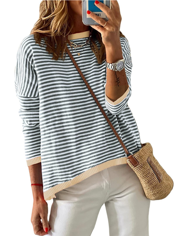 Blue Zone Planet | round neck striped contrast color long sleeve sweater-TOPS / DRESSES-[Adult]-[Female]-2022 Online Blue Zone Planet