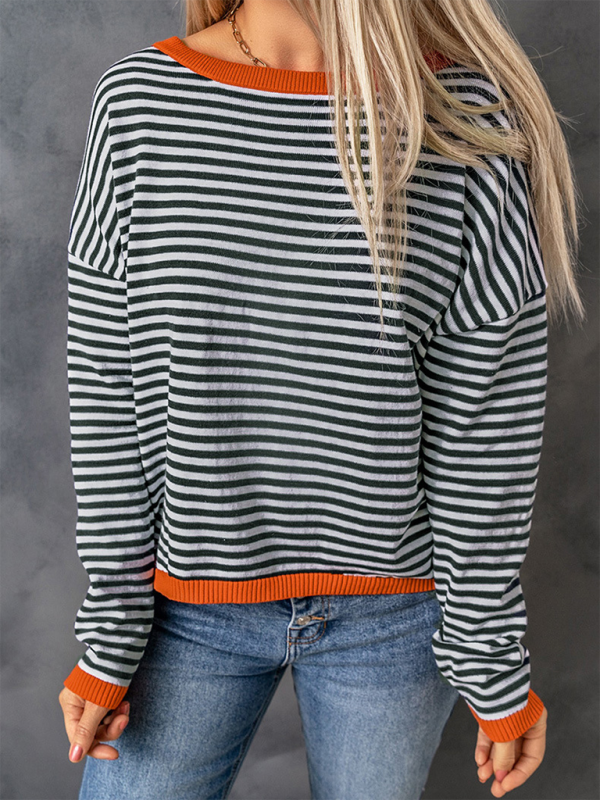 Blue Zone Planet | round neck striped contrast color long sleeve sweater-TOPS / DRESSES-[Adult]-[Female]-Orange Red-S-2022 Online Blue Zone Planet