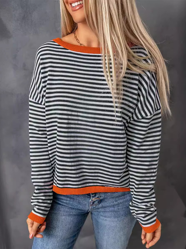 Blue Zone Planet | round neck striped contrast color long sleeve sweater-TOPS / DRESSES-[Adult]-[Female]-2022 Online Blue Zone Planet