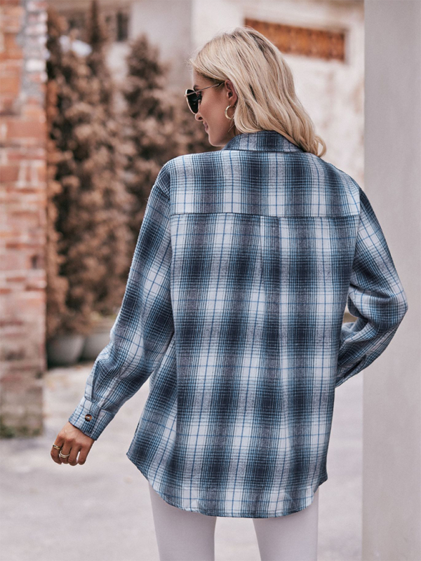 Fashion Oversize Loose Plaid Shirt-[Adult]-[Female]-2022 Online Blue Zone Planet