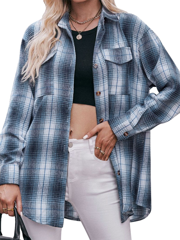 Fashion Oversize Loose Plaid Shirt-[Adult]-[Female]-2022 Online Blue Zone Planet