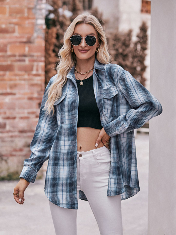 Fashion Oversize Loose Plaid Shirt-[Adult]-[Female]-2022 Online Blue Zone Planet