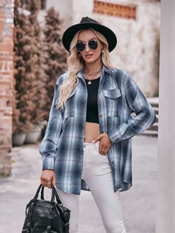 Fashion Oversize Loose Plaid Shirt-[Adult]-[Female]-Blue-S-2022 Online Blue Zone Planet