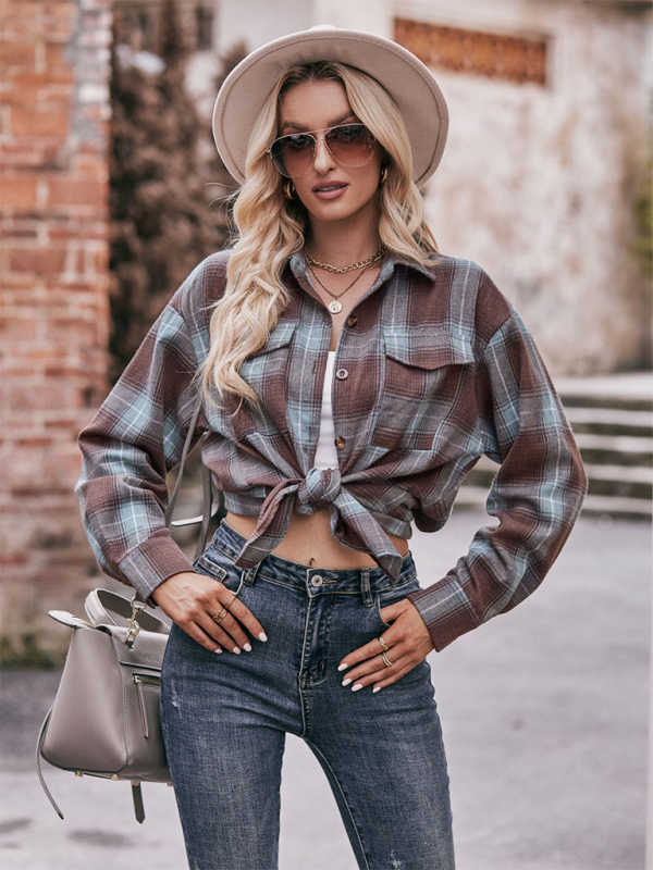 Fashion Oversize Loose Plaid Shirt-[Adult]-[Female]-2022 Online Blue Zone Planet