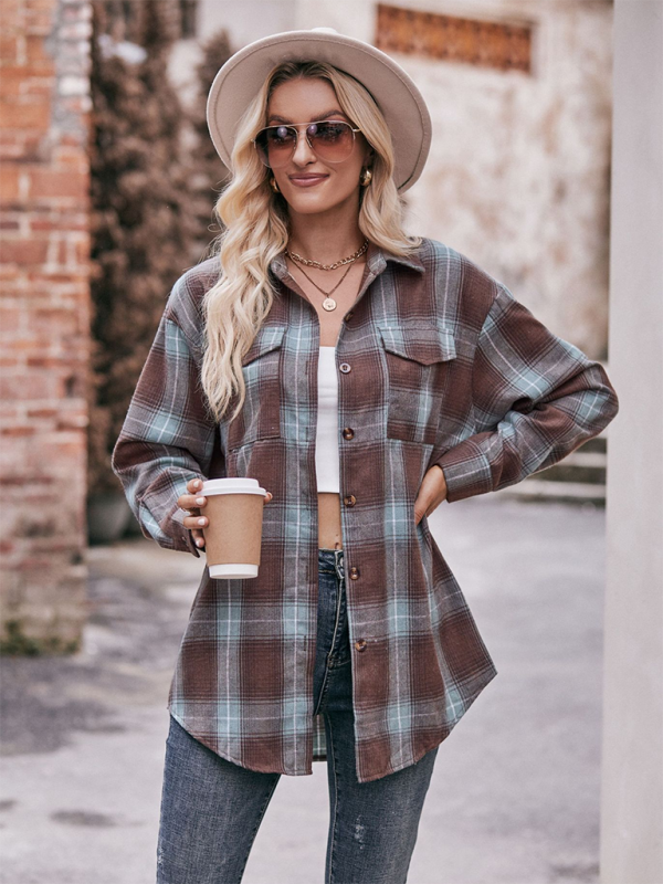 Fashion Oversize Loose Plaid Shirt-[Adult]-[Female]-Brown-S-2022 Online Blue Zone Planet