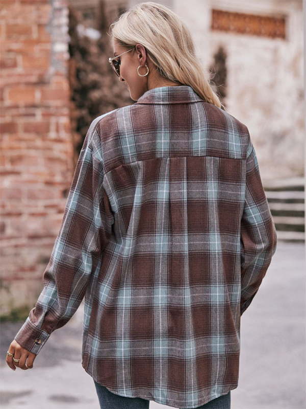 Fashion Oversize Loose Plaid Shirt-[Adult]-[Female]-2022 Online Blue Zone Planet