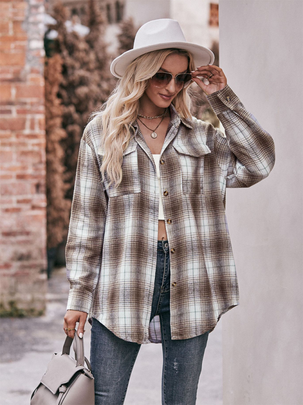 Fashion Oversize Loose Plaid Shirt-[Adult]-[Female]-2022 Online Blue Zone Planet