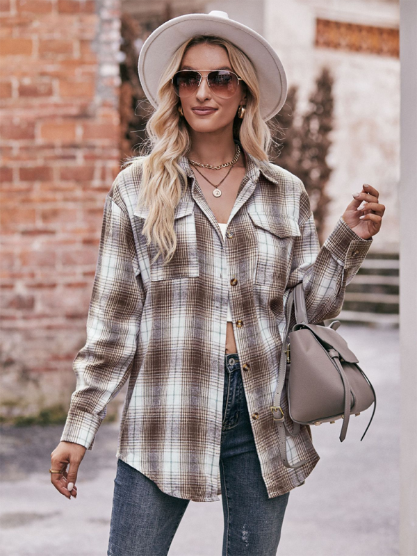 Fashion Oversize Loose Plaid Shirt-[Adult]-[Female]-2022 Online Blue Zone Planet