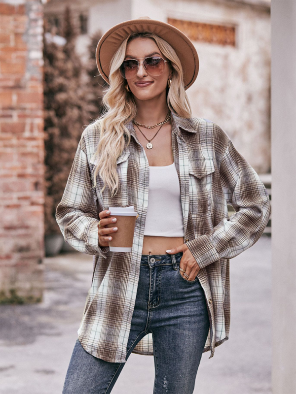 Fashion Oversize Loose Plaid Shirt-[Adult]-[Female]-Coffee-S-2022 Online Blue Zone Planet