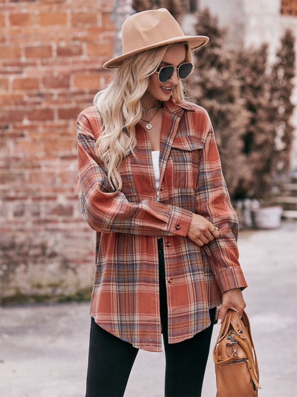 Fashion Oversize Loose Plaid Shirt-[Adult]-[Female]-2022 Online Blue Zone Planet