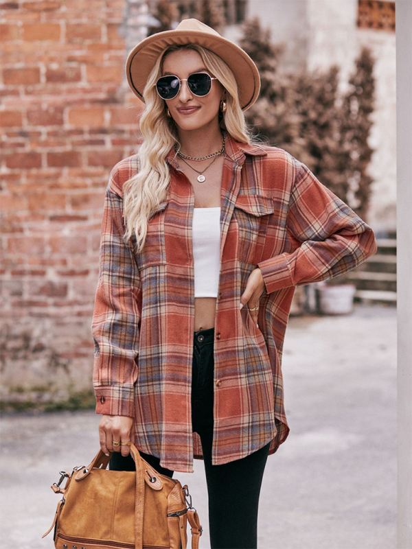 Fashion Oversize Loose Plaid Shirt-[Adult]-[Female]-2022 Online Blue Zone Planet