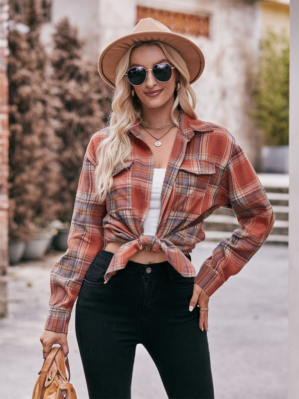 Fashion Oversize Loose Plaid Shirt-[Adult]-[Female]-caramel-S-2022 Online Blue Zone Planet