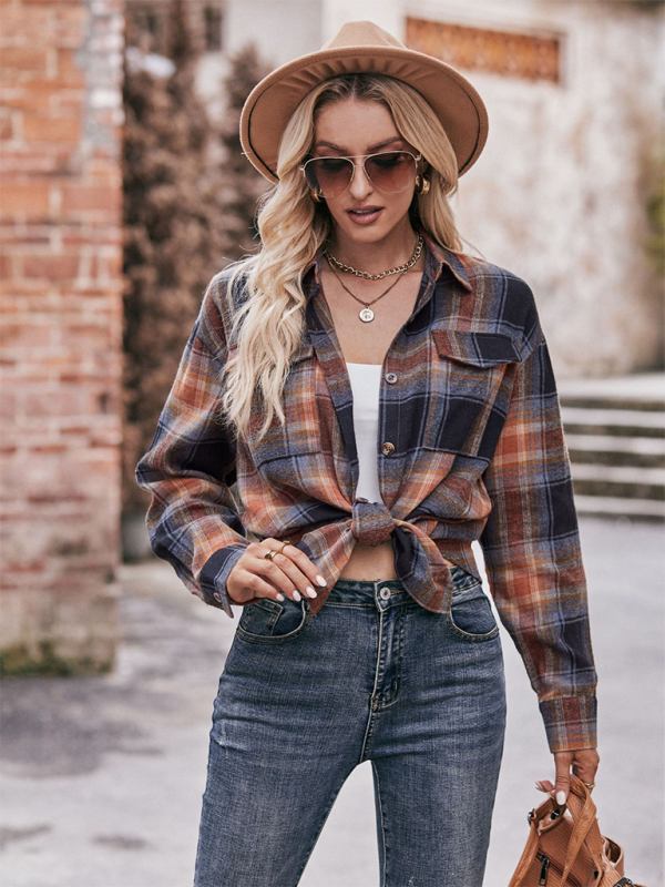 Fashion Oversize Loose Plaid Shirt-[Adult]-[Female]-Khaki-S-2022 Online Blue Zone Planet