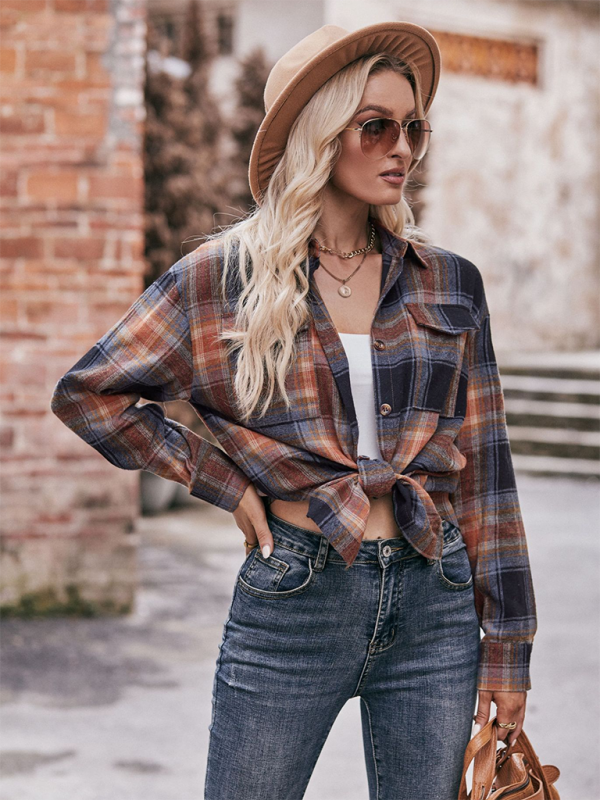 Fashion Oversize Loose Plaid Shirt-[Adult]-[Female]-2022 Online Blue Zone Planet