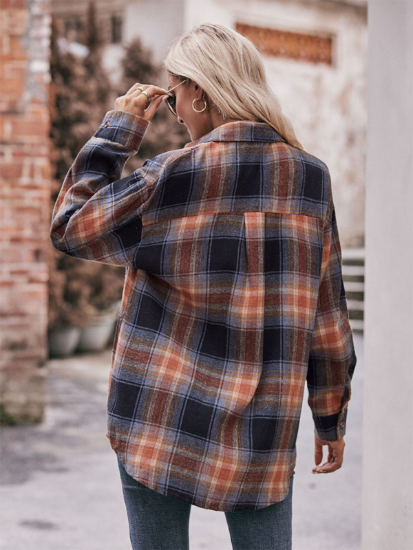 Fashion Oversize Loose Plaid Shirt-[Adult]-[Female]-2022 Online Blue Zone Planet