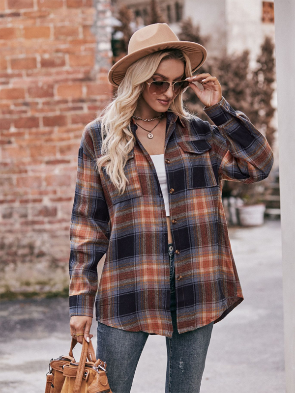 Fashion Oversize Loose Plaid Shirt-[Adult]-[Female]-2022 Online Blue Zone Planet