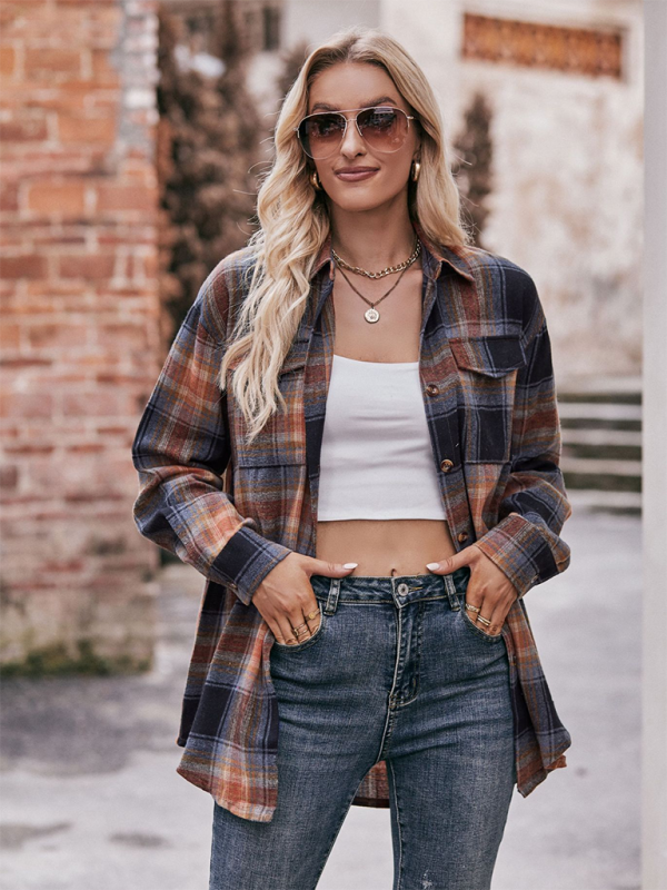 Fashion Oversize Loose Plaid Shirt-[Adult]-[Female]-2022 Online Blue Zone Planet