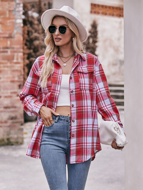 Fashion Oversize Loose Plaid Shirt-[Adult]-[Female]-Red-S-2022 Online Blue Zone Planet