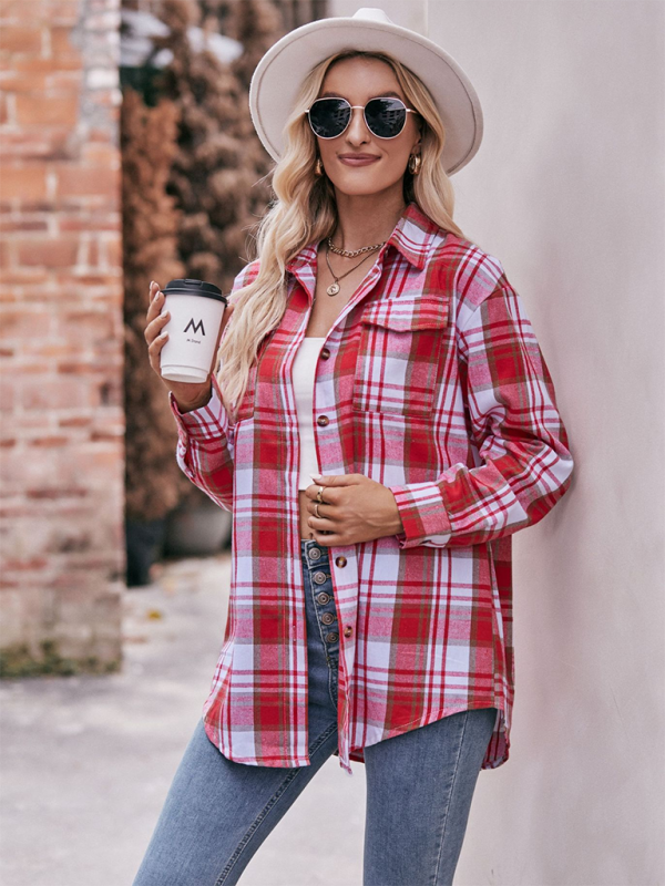 Fashion Oversize Loose Plaid Shirt-[Adult]-[Female]-2022 Online Blue Zone Planet