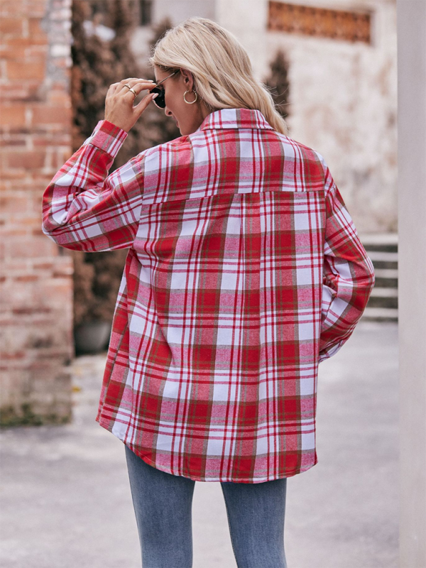 Fashion Oversize Loose Plaid Shirt-[Adult]-[Female]-2022 Online Blue Zone Planet