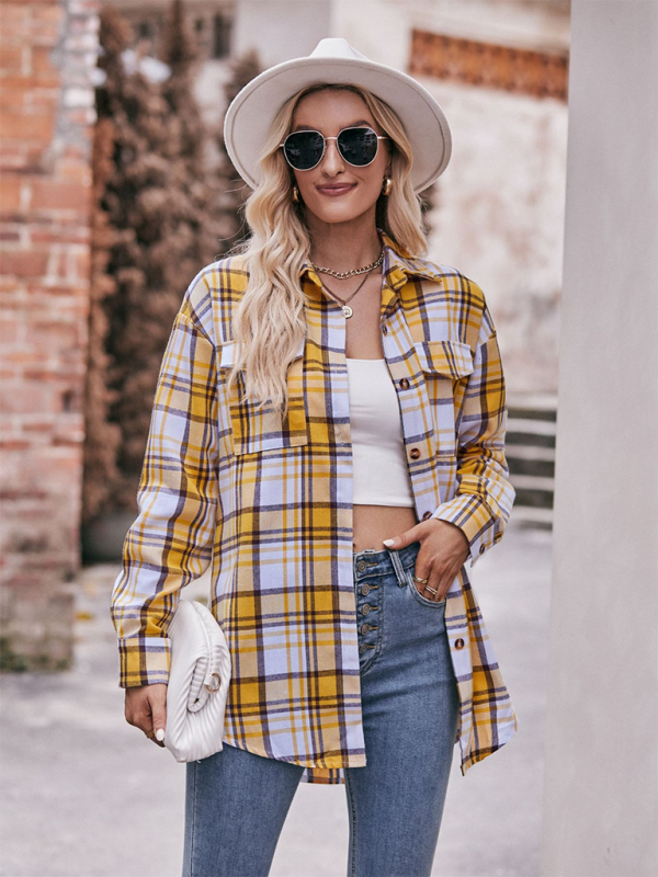 Fashion Oversize Loose Plaid Shirt-[Adult]-[Female]-Yellow-S-2022 Online Blue Zone Planet