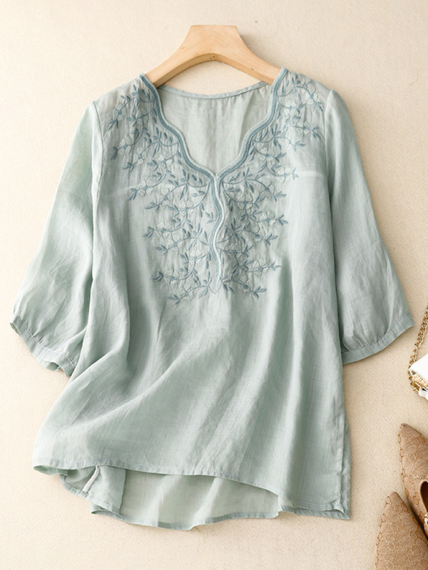 Vintage V-neck embroidered T-shirt top-[Adult]-[Female]-Pale green-M-2022 Online Blue Zone Planet