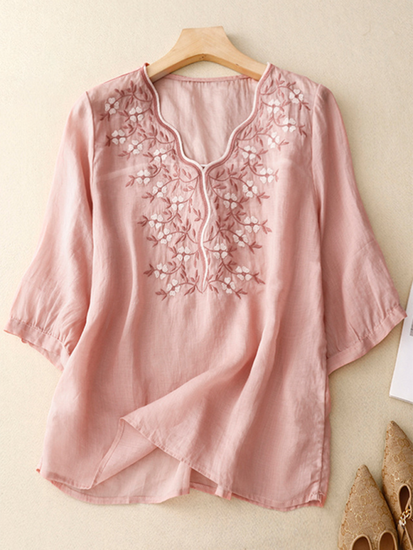 Vintage V-neck embroidered T-shirt top-[Adult]-[Female]-Pink-M-2022 Online Blue Zone Planet