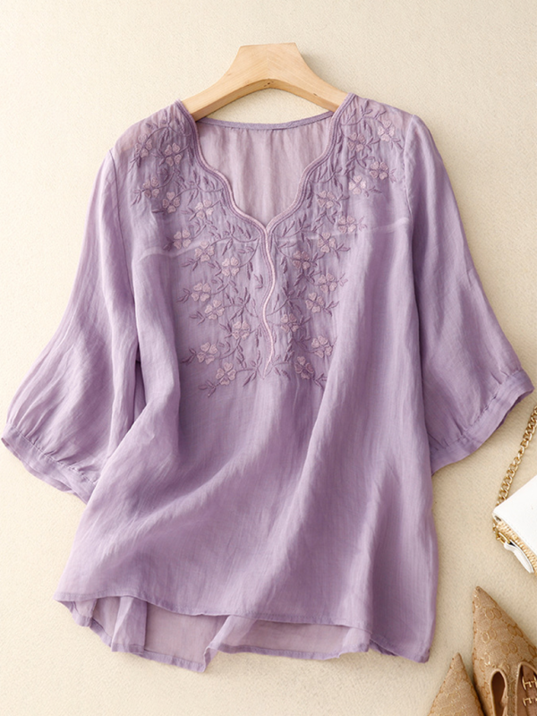 Vintage V-neck embroidered T-shirt top-[Adult]-[Female]-Violet-M-2022 Online Blue Zone Planet